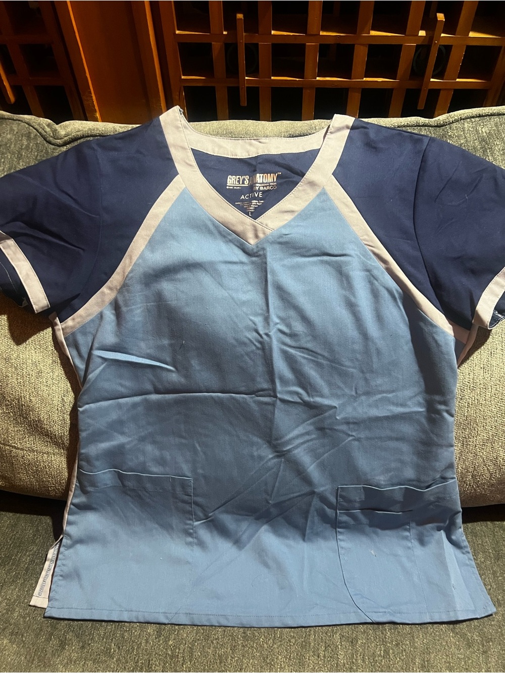 Grey's Anatomy Light Blue & Navy Short Sleeve V-Neck Scrub Top